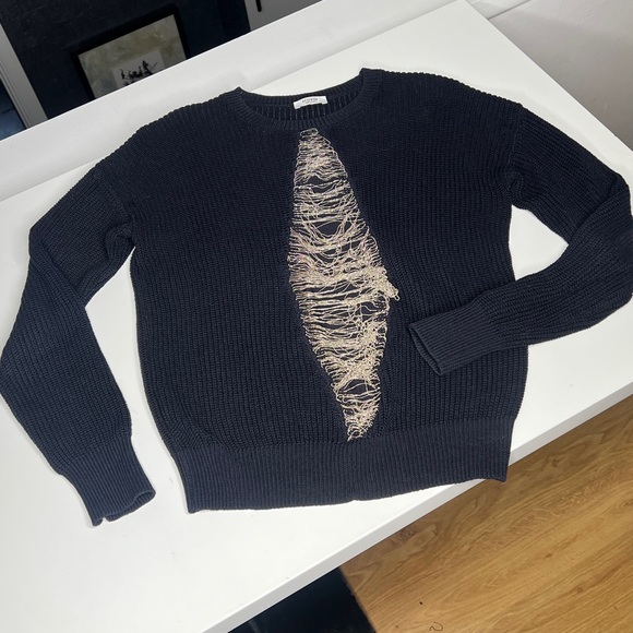 Peserico Sz 38 Navy Black Cotton with Metal Chains Detail Long Sleeve Sweater